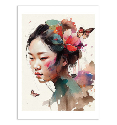 Art-Poster - Watercolor floral asian woman - Chromatic fusion studio